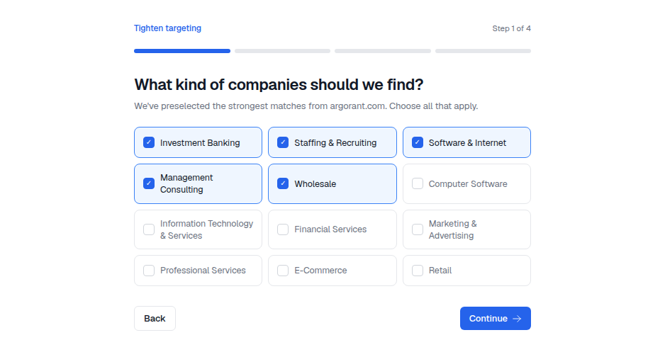 Step one of the adjust-targeting wizard, with the inferred industries preselected