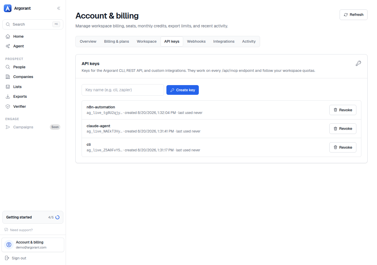 Profile, API keys, with several named keys, their creation dates and revoke actions