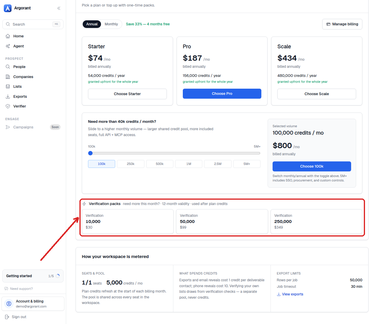 The Verification packs row in Profile → Billing