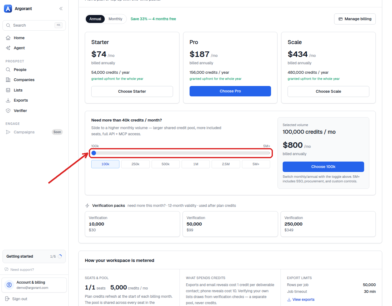 The volume slider panel with a tier selected and its price card