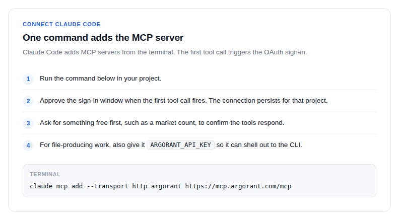 The one command that adds the Argorant MCP server to Claude Code
