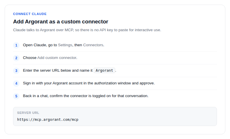 The steps for adding Argorant as a custom connector in Claude