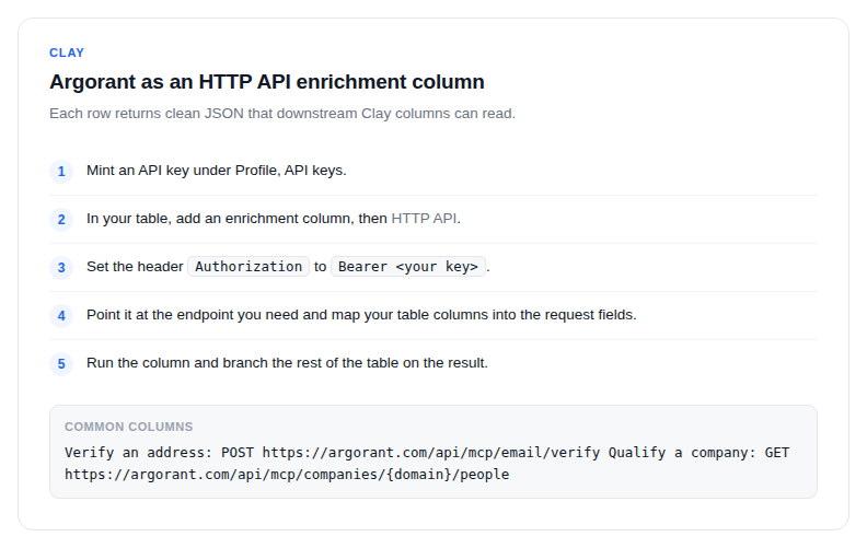 The Clay HTTP API enrichment column setup for Argorant