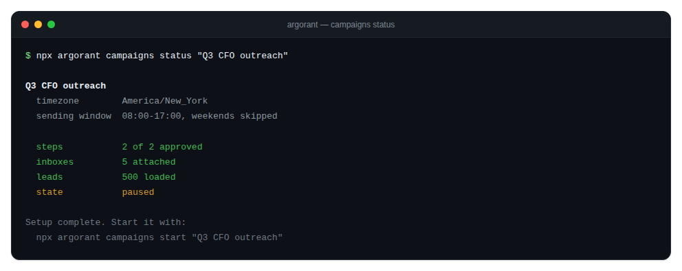 Terminal output of campaigns status listing setup completeness