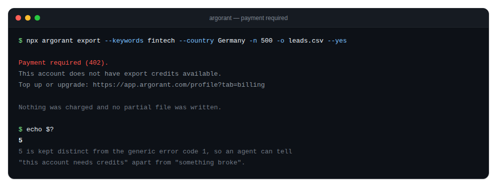The CLI payment-required message and its exit code