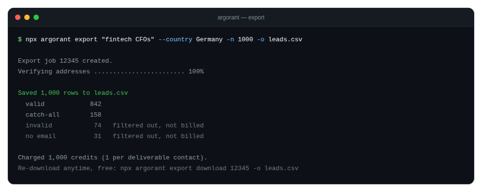 Terminal showing export progress dots then a saved row count