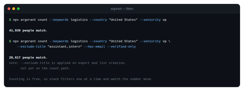 Terminal running a multi-filter count command