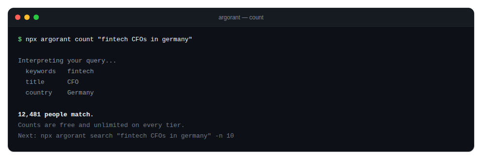 Terminal running npx argorant count and printing a population number