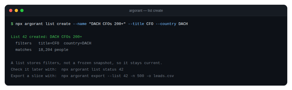 Terminal showing list creation with the match count and suggested export command