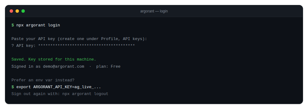 Terminal showing argorant login followed by a confirmation line