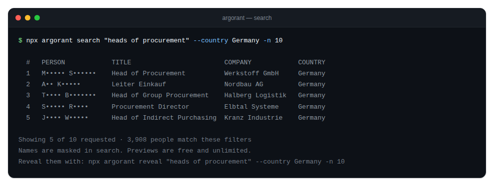 Terminal showing search results with masked names and titles