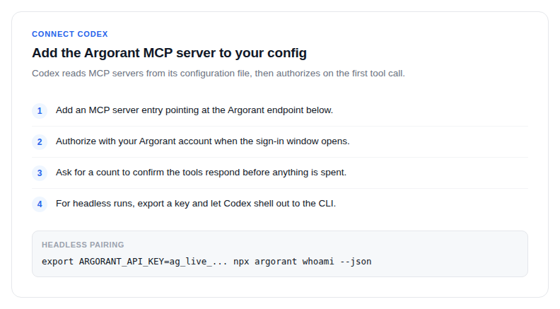 The steps for adding the Argorant MCP server to Codex