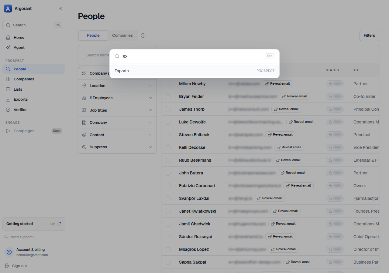 The Cmd-K command palette open over the app with a partial query typed and results listed