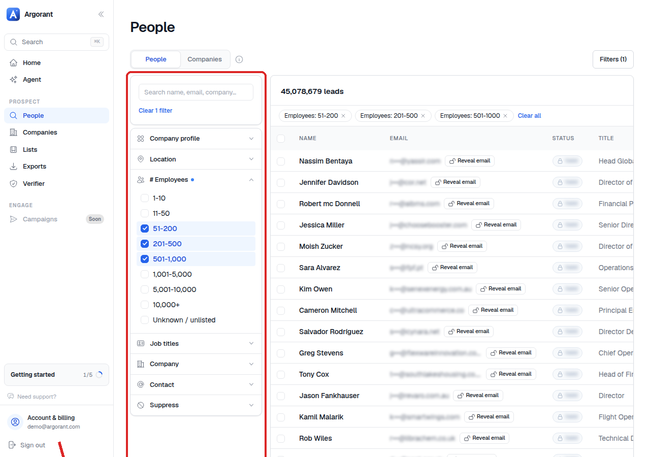 Company size band selector with several adjacent employee ranges selected