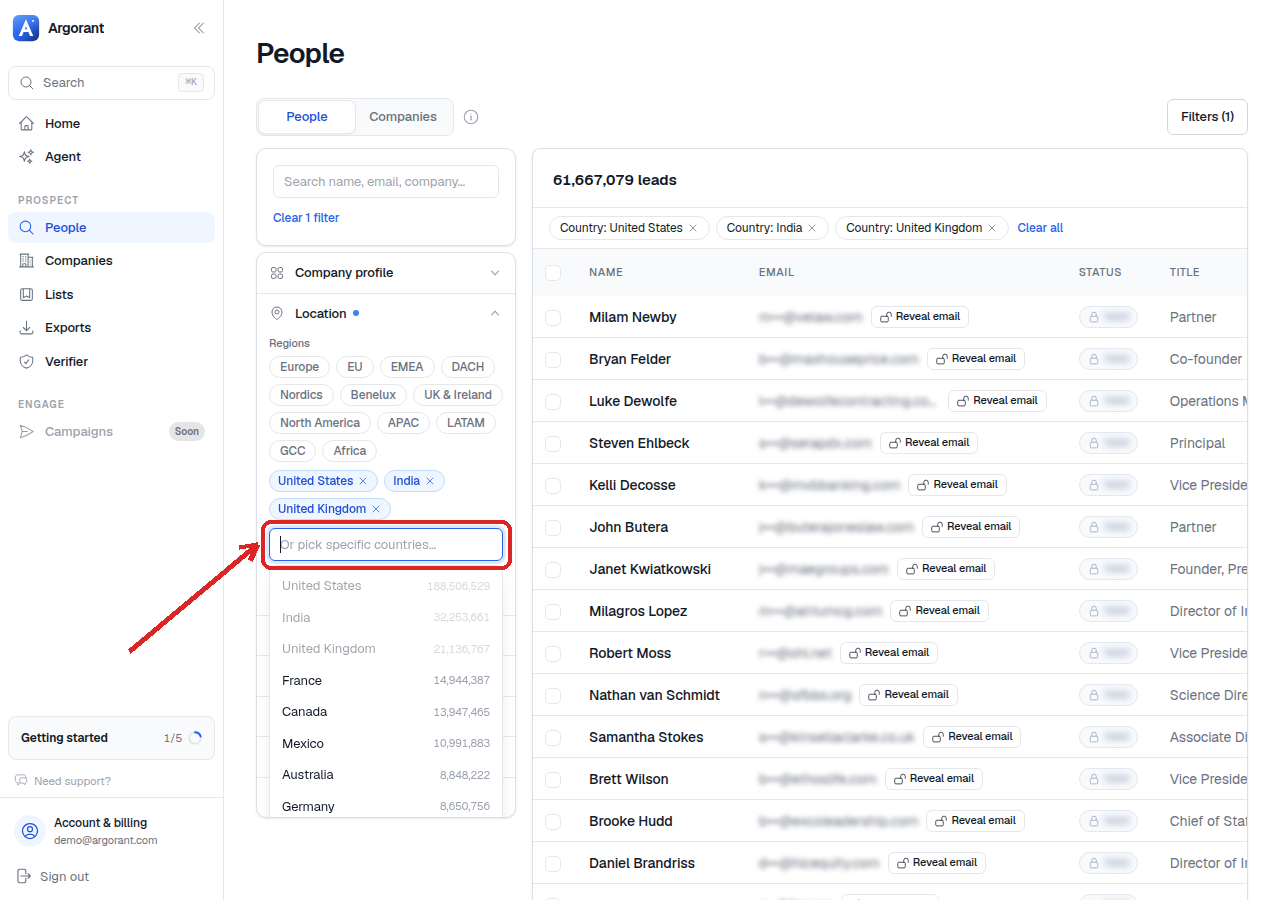 Location filter with several countries selected and the resulting count