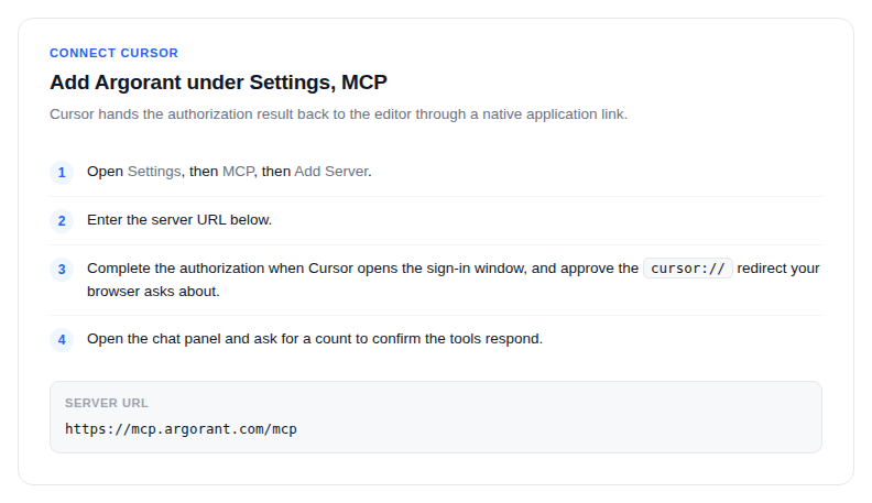 The steps for adding Argorant under Settings, MCP in Cursor