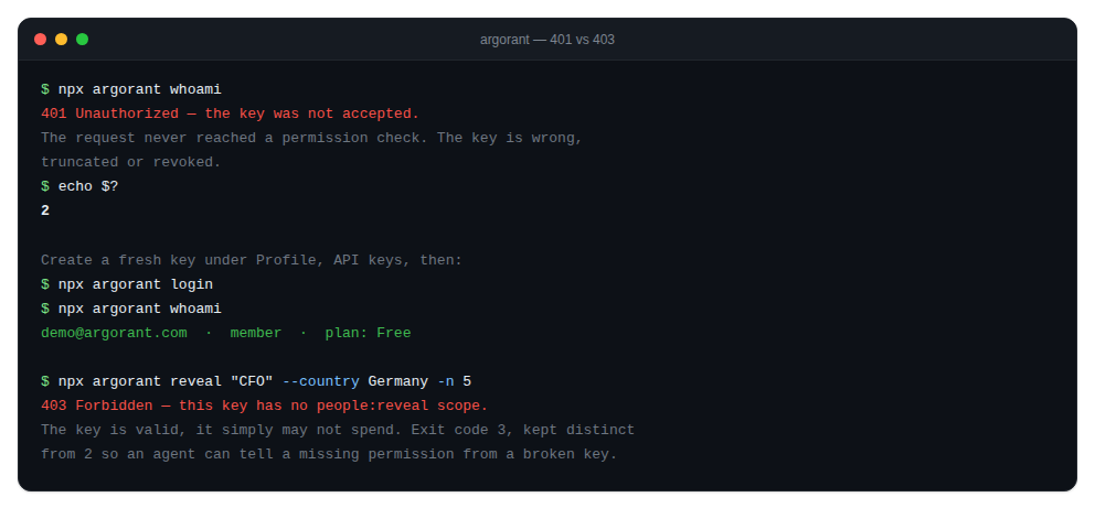 Terminal showing a rejected key followed by a successful whoami
