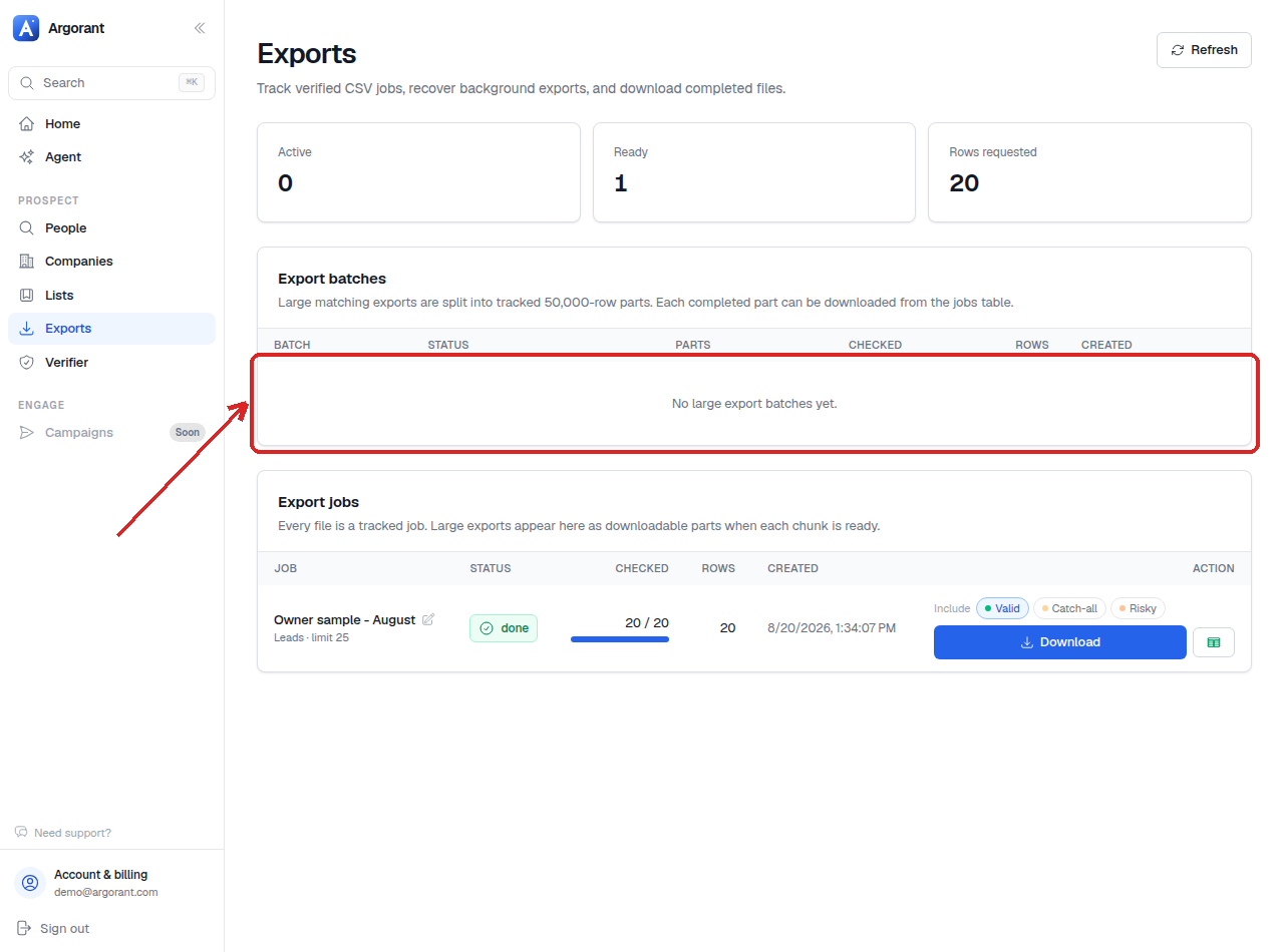 A completed export on the Exports page with its checked and delivered row counts