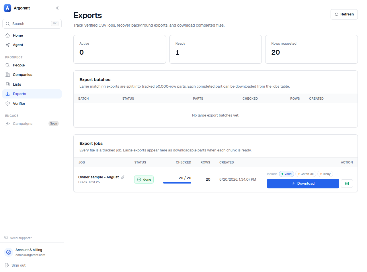 The Exports page with a finished job, its row count and its download action