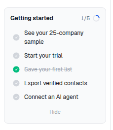 The getting-started card expanded in the bottom left corner of the app with completed and open steps