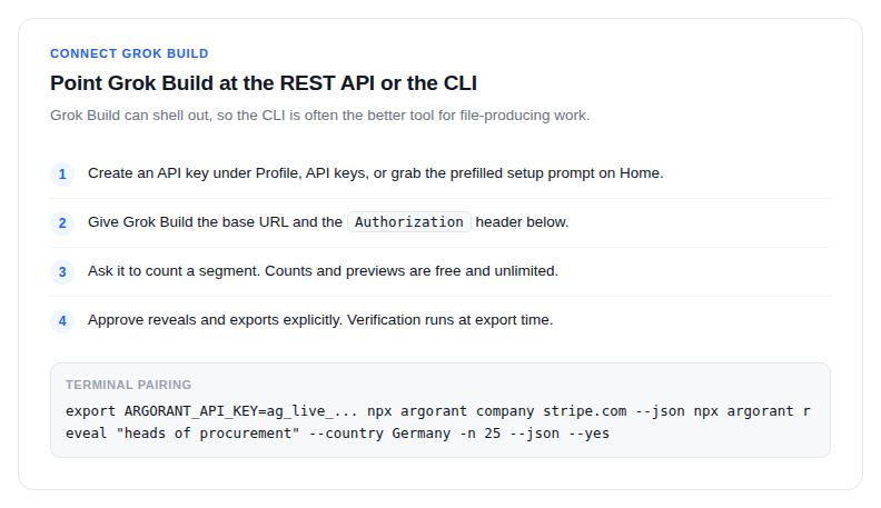 The steps for pointing Grok Build at the REST API or the CLI