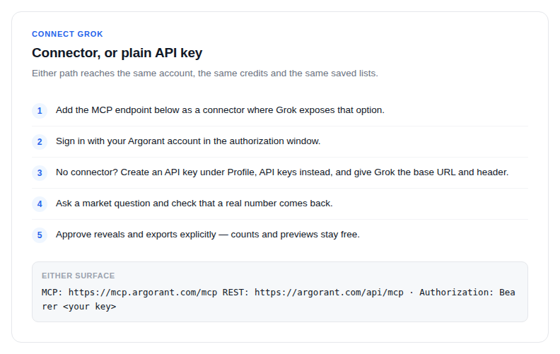 The two ways to connect Grok: MCP connector or REST key