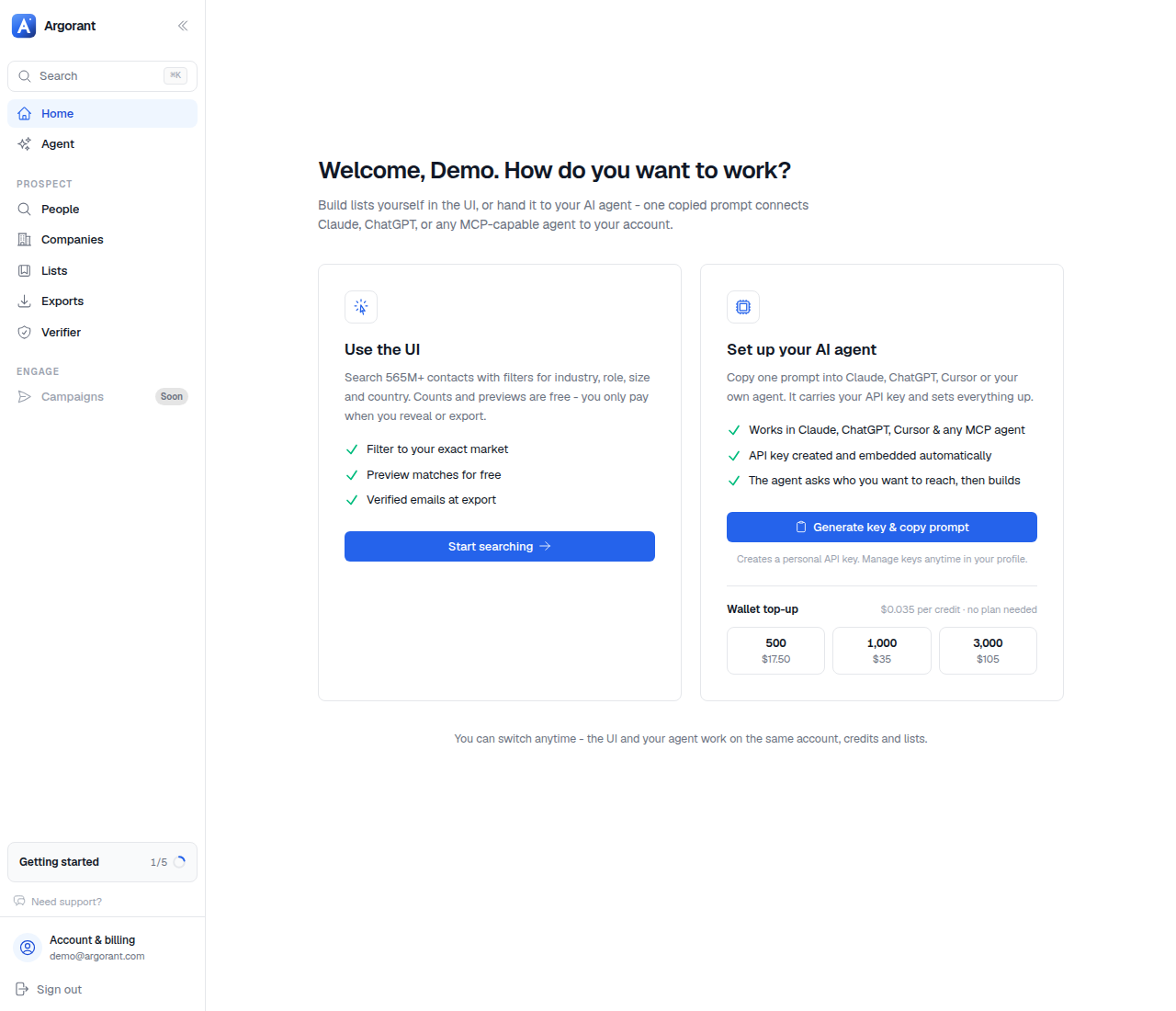 The Home page showing the two ways to work, the API key action and the three wallet top-up sizes