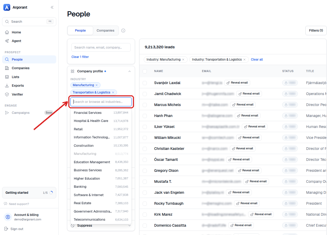 Industry filter with several standardized industries selected and the live count above the results