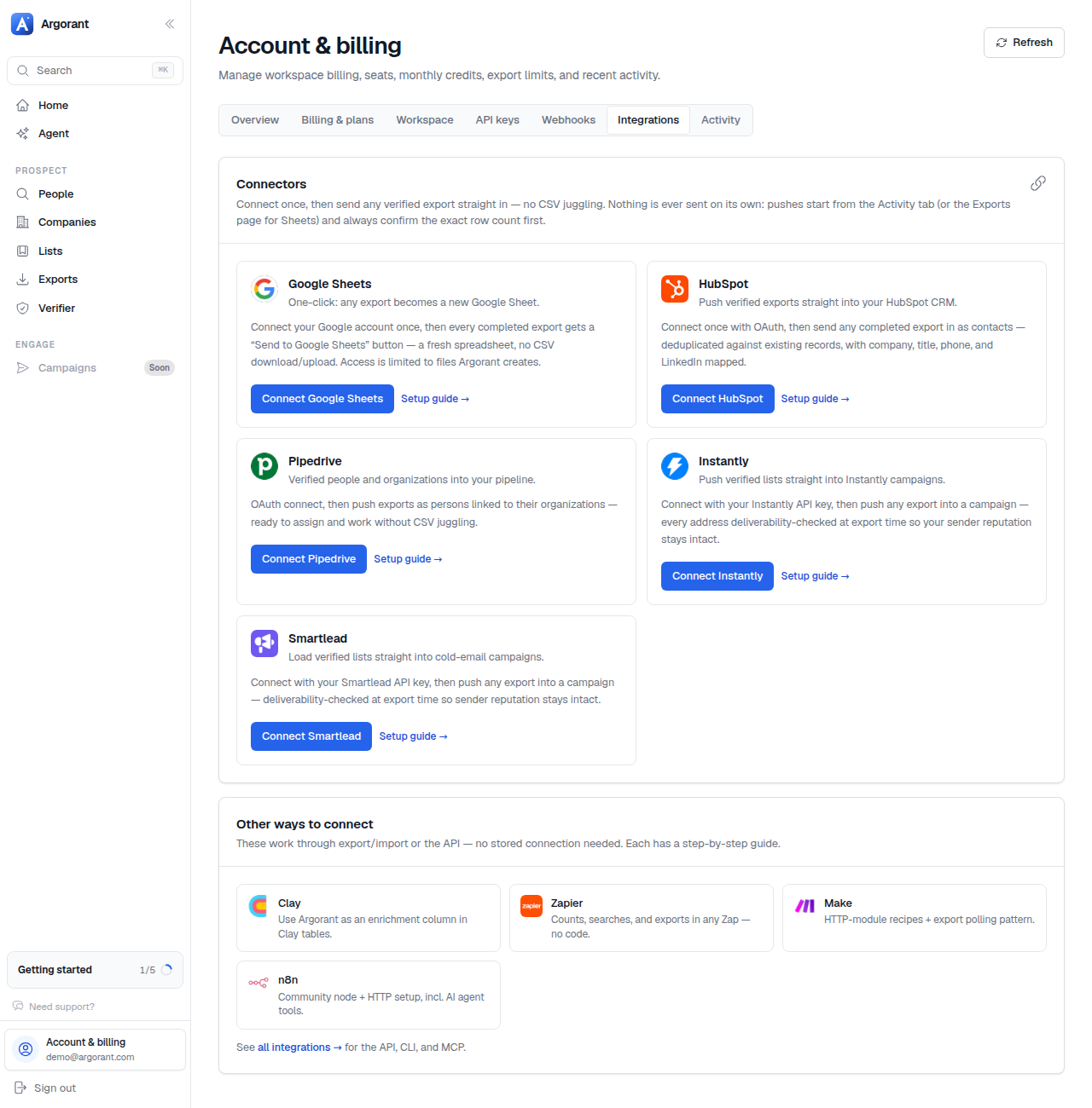 Profile, Integrations, showing the destinations you can connect