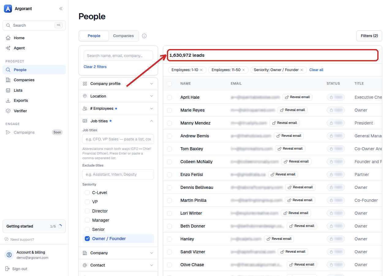 People search filtered to owner seniority and small company size bands
