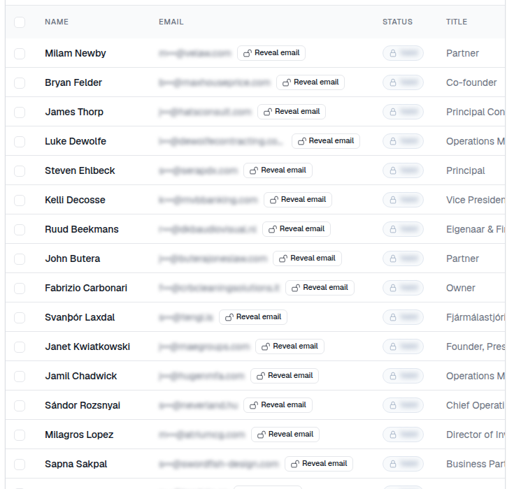 Preview rows showing names, masked work emails and job titles