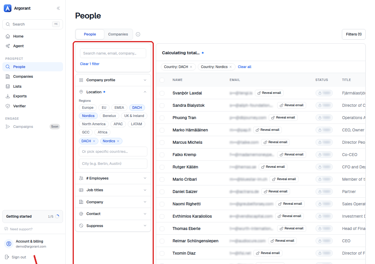 Location filter showing region shortcuts including DACH and Nordics