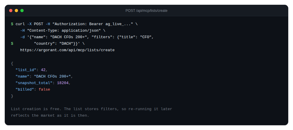 List creation response showing the list id and its match count