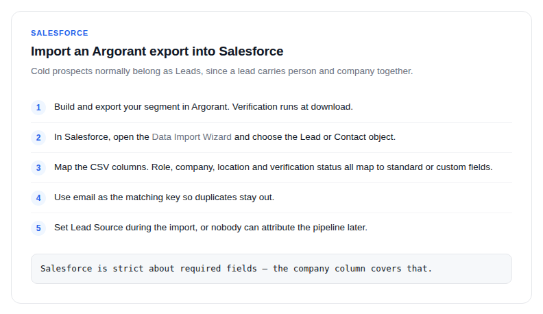 The steps for importing an Argorant export into Salesforce