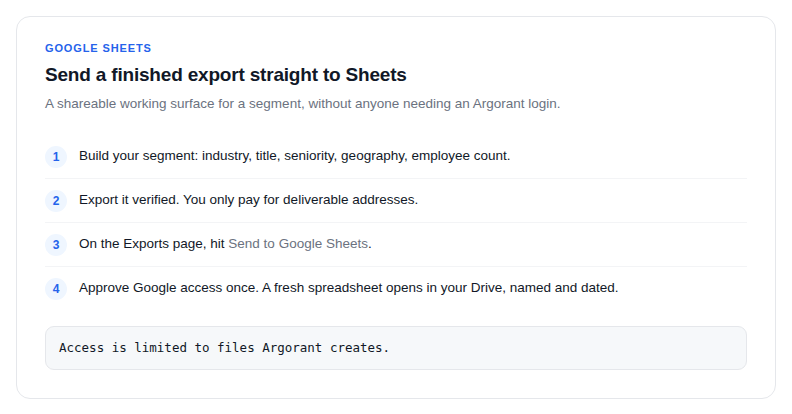 The steps for sending a finished export to Google Sheets