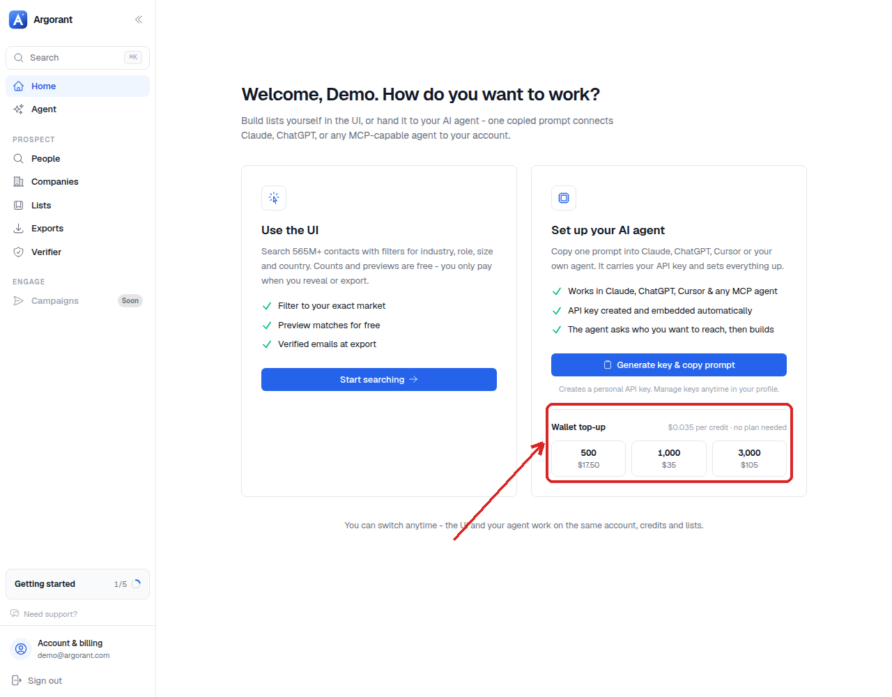 The Wallet top-up tile on /start with the three sizes