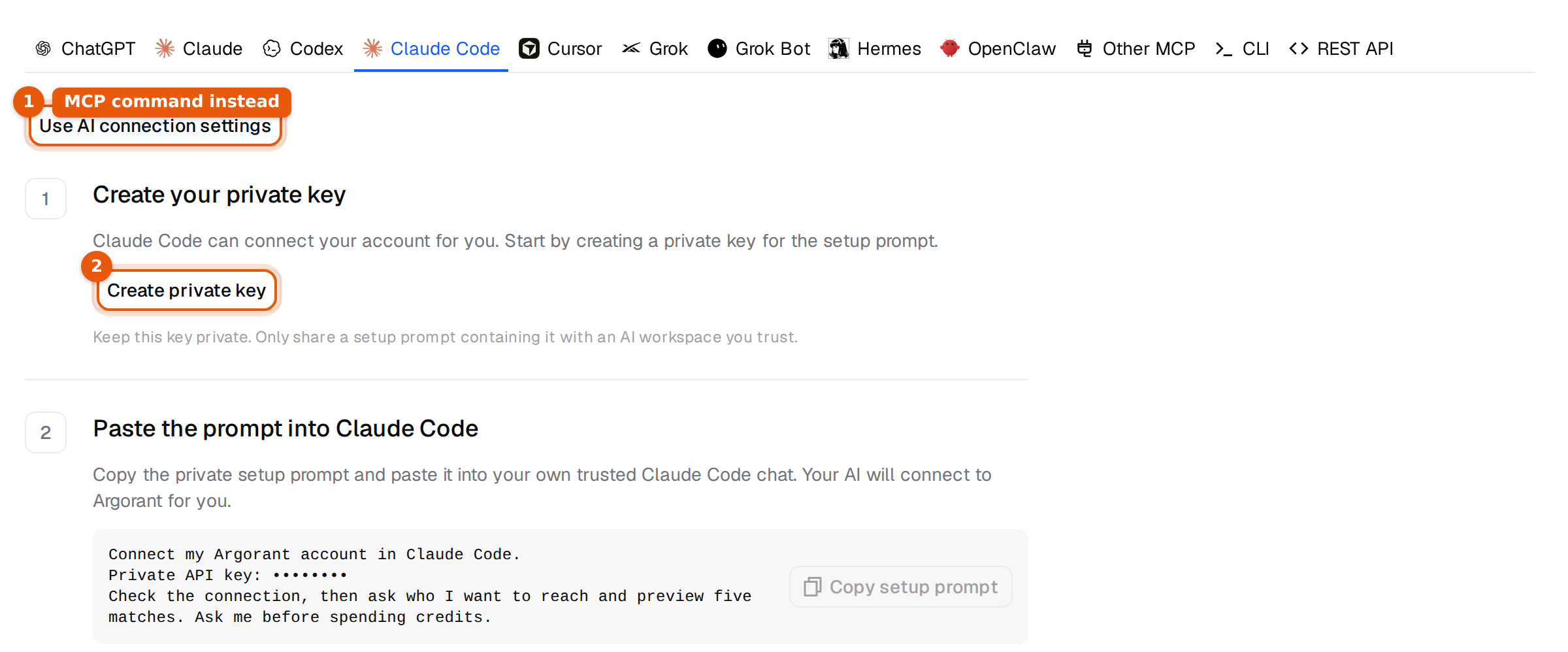 The Claude Code tab with the Use AI connection settings button and the Create private key button