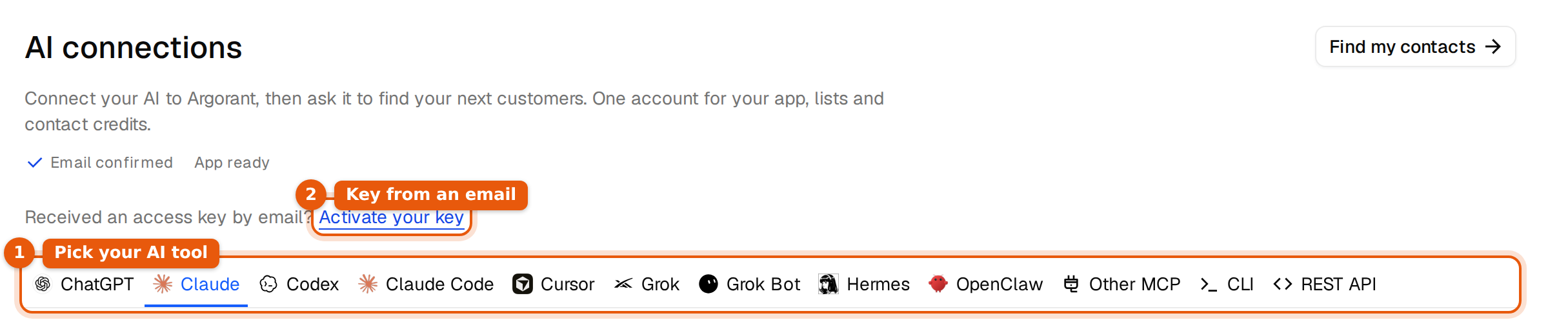 The top of the AI connections page with the row of AI tool tabs and the Activate your key link