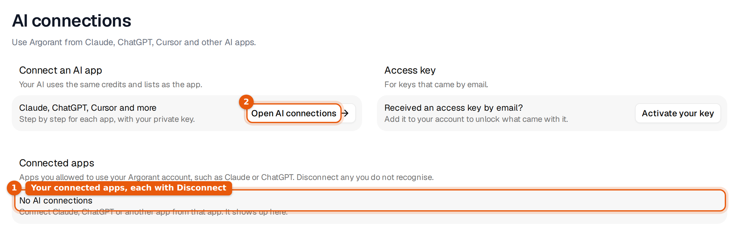 Settings, AI connections, with Connect an AI app, Access key and Connected apps