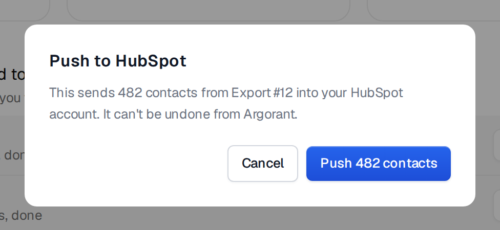 The Push to HubSpot window saying it sends 482 contacts from Export #12 into your HubSpot account, with Cancel and Push 482 contacts buttons