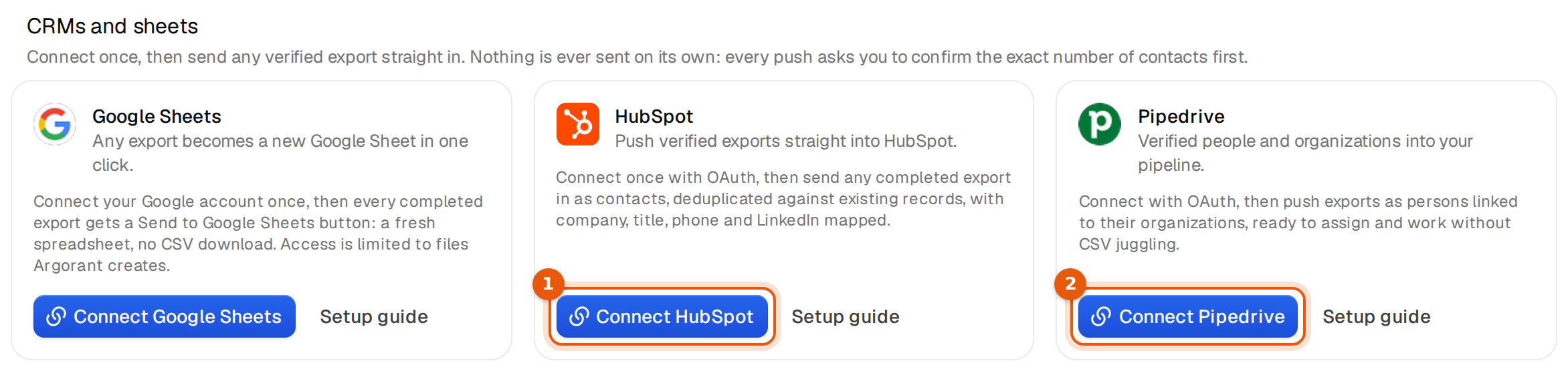 The CRMs and sheets part with cards for Google Sheets, HubSpot and Pipedrive, and the Connect HubSpot and Connect Pipedrive buttons marked