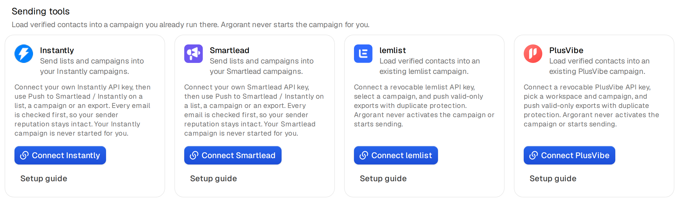 The Sending tools part with cards for Instantly, Smartlead, lemlist and PlusVibe, each with a Connect button and a Setup guide link