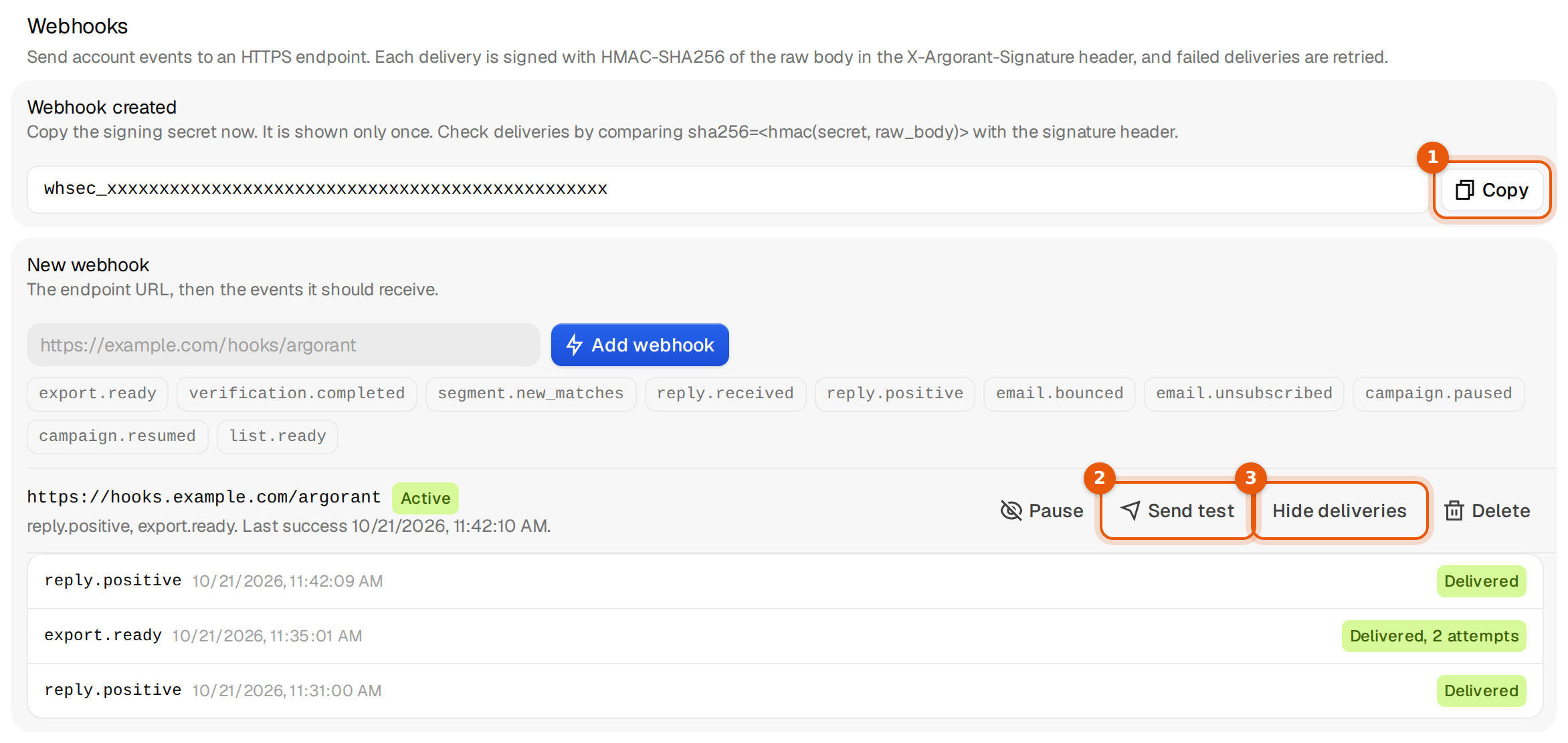 A created webhook with its masked signing secret and Copy button, the webhook row with Pause, Send test, Hide deliveries and Delete, and three delivered events below