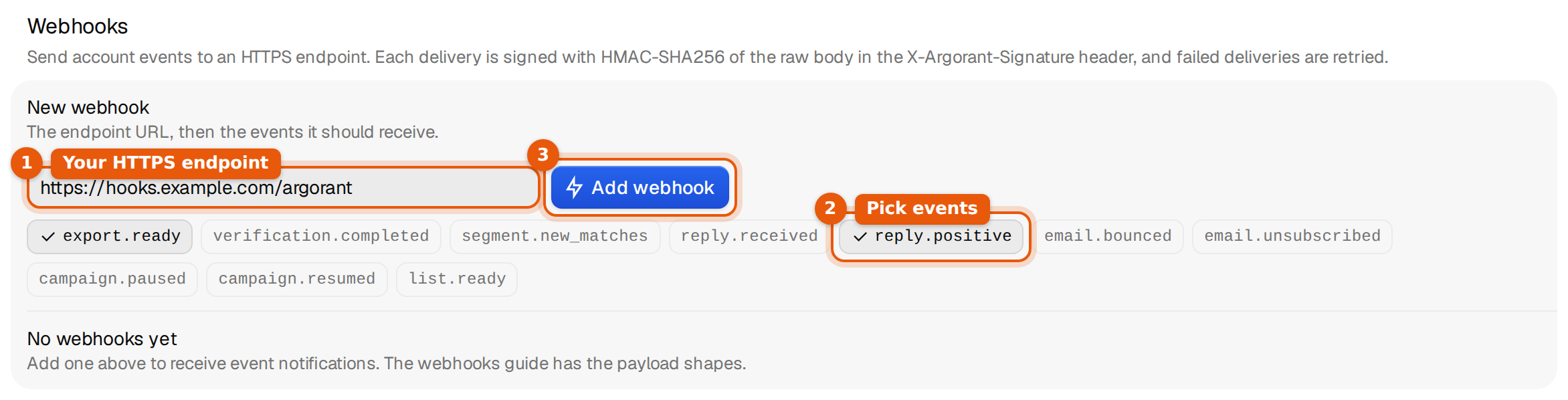 The New webhook form with the address https://hooks.example.com/argorant, the events export.ready and reply.positive picked, and the Add webhook button