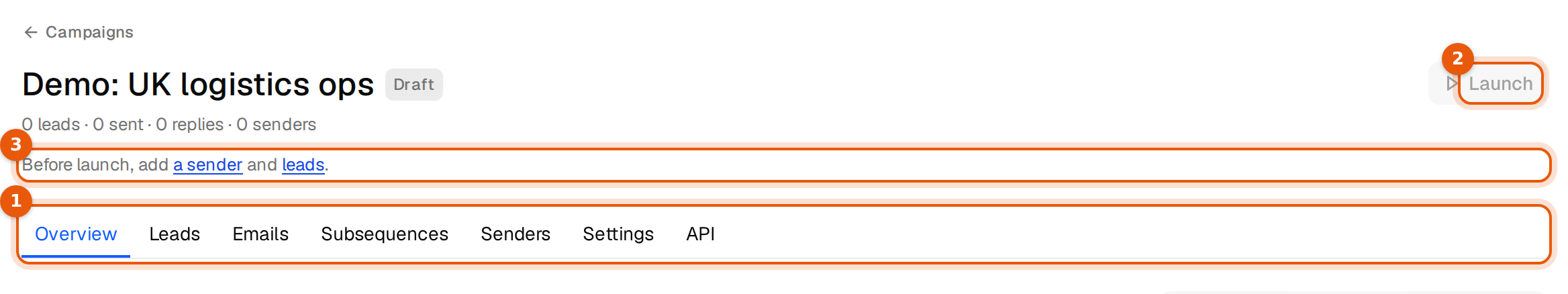 The top of a draft campaign page with the tabs, a greyed out Launch button and a line saying what is missing
