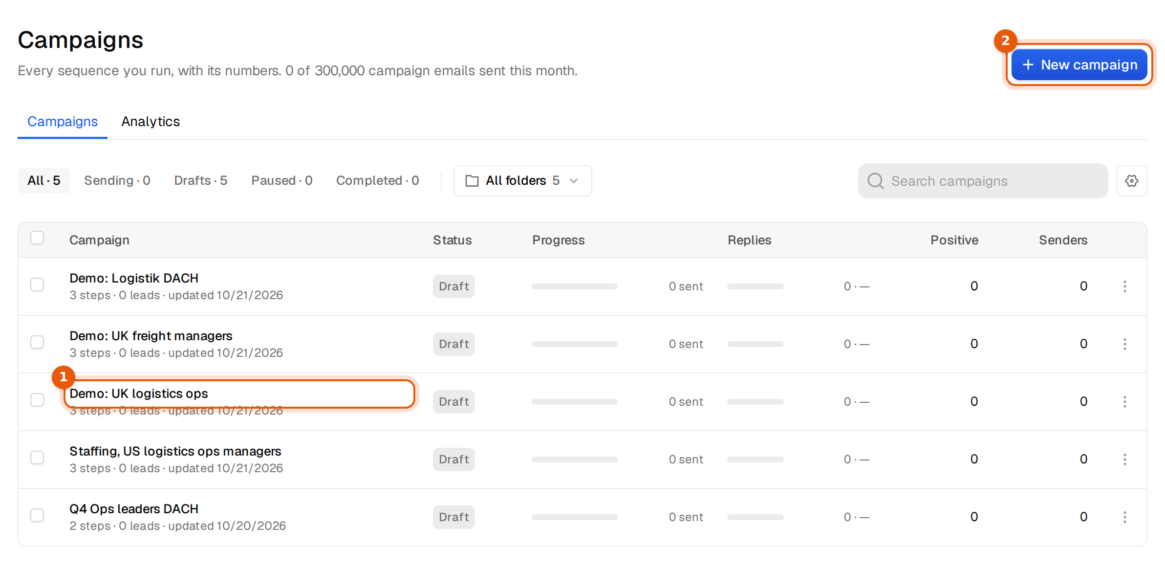 The Campaigns page with status filters, a search field and a table of draft campaigns