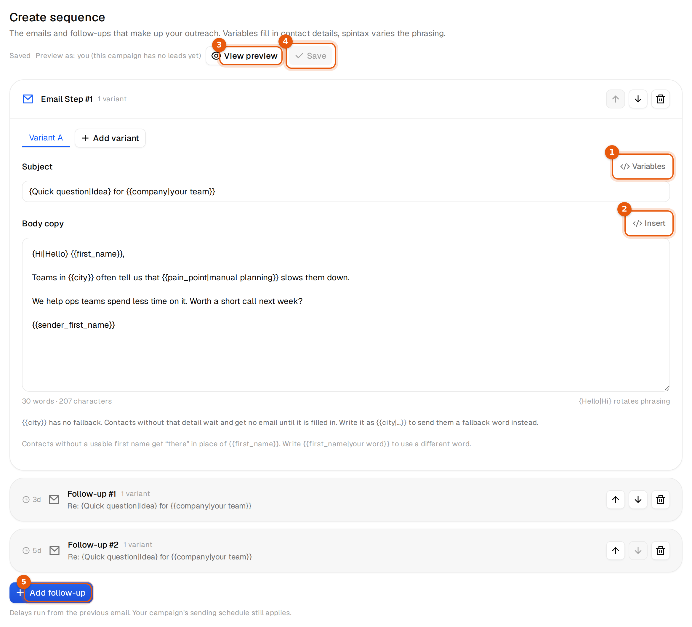 The sequence editor with the first email open and two folded follow-ups below it