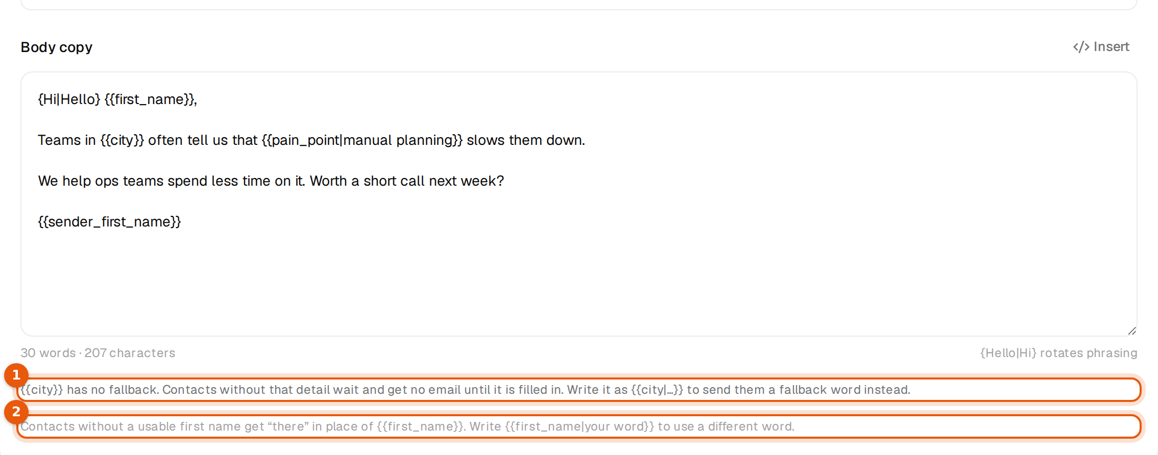 Two notes under the email body about {{city}} without a fallback and about first names