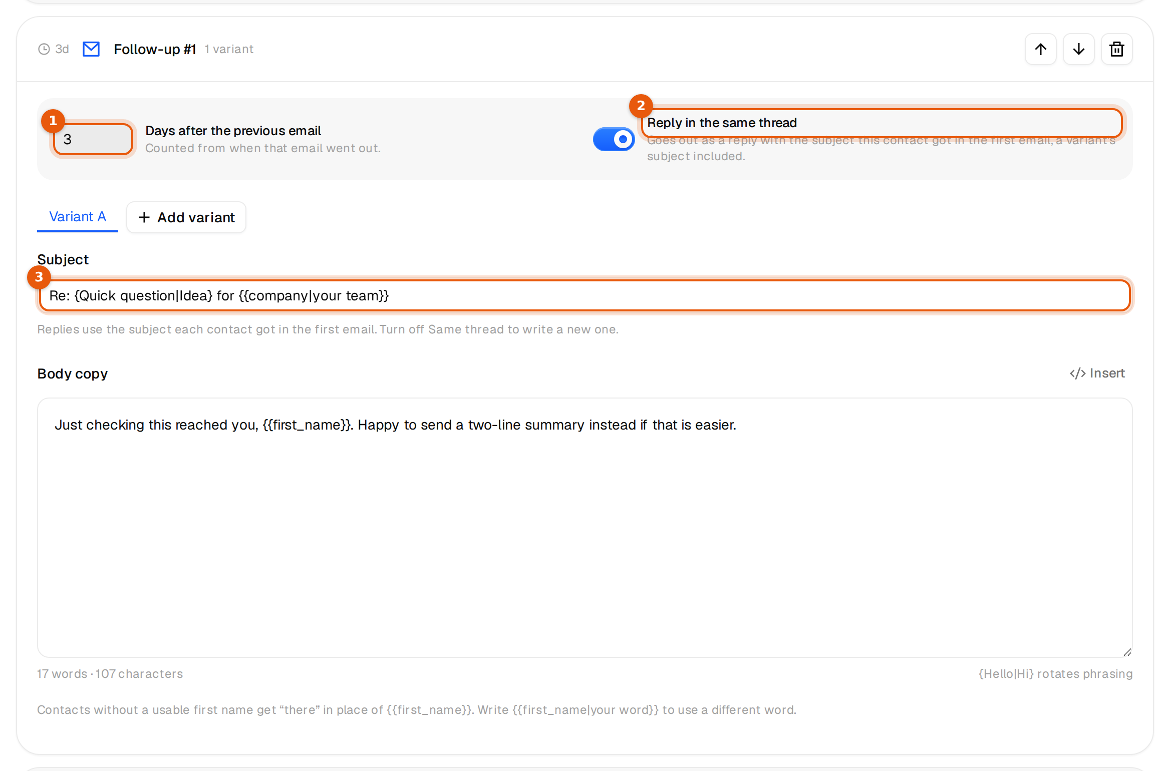 A follow-up card with the wait in days, the Reply in the same thread switch and a read-only Re: subject
