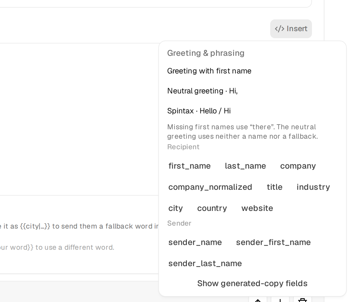 The Insert menu with greeting snippets, recipient variables and sender variables